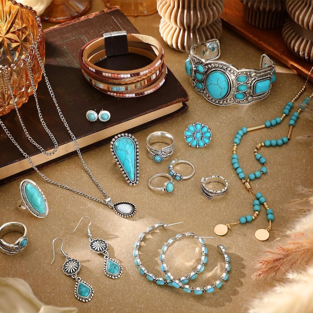 Trendy 15-Pcs Turquoise Jewelry Set - Includes Necklaces, Rings, and More - Picture 4 of 6